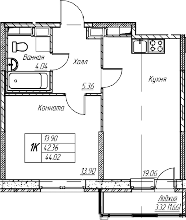 1-комнатная квартира 44.02 м², 6/22 эт., ЖК «Парк-квартал Юнтолово»